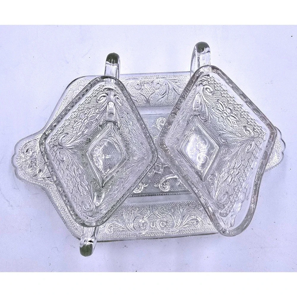 Vintage Clear Glass Embossed Floral Pattern Creamer and Sugar Bowl‎ with Tray